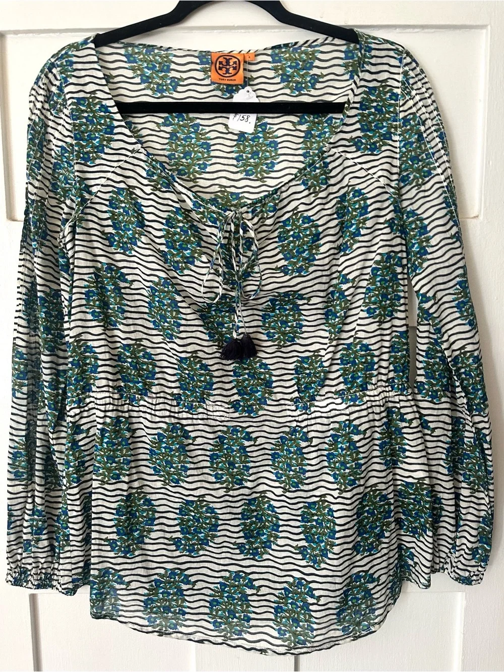 Tory Burch Blue & Green Floral Tie-Front Long Sleeve Tunic